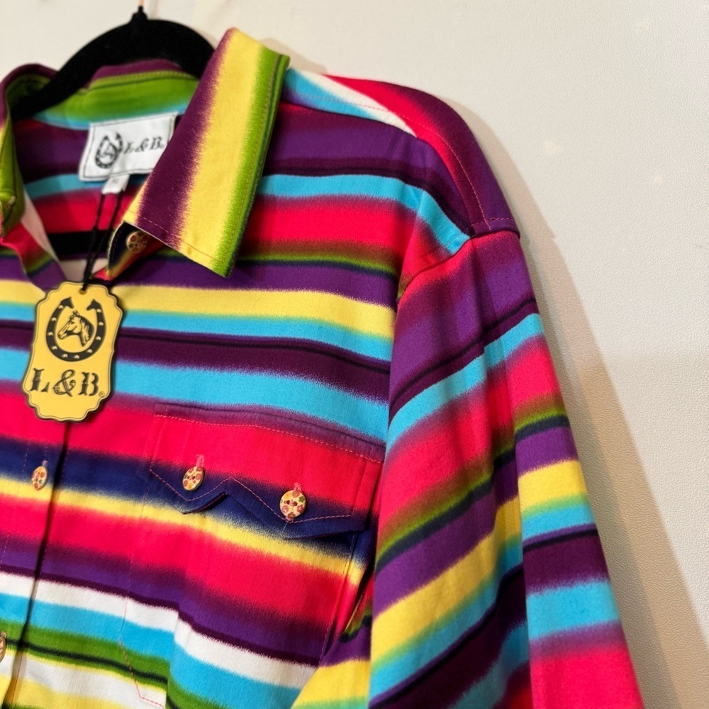 L&B Bright Multicolor Striped Button Down Shirt Dress Size XL Western Belted NWT - Picture 8 of 16
